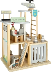 Houten politiebureau met garage, auto en helikopter