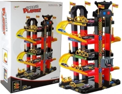 Vijflaagse parkeergarage met batterijlift en 10 autootjes, met verlichting