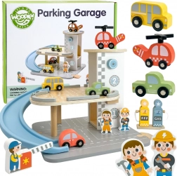 WOOPIE GREEN parking en bois à plusieurs niveaux 2-en-1 avec station et figurines, 12 pièces, FSC