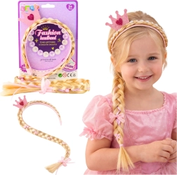 Serre-tête pour enfant avec longue tresse et couronne scintillante, détails roses, 50 cm