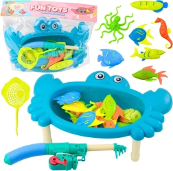 Kids’ fishing set with crab table, 10 animals, rod and net – blue
