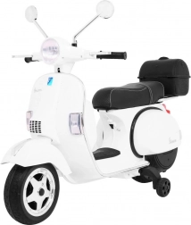 Elektrische kinderscooter Vespa wit met zijwieltjes, audio en eco-leer