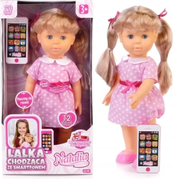 Lopende pop NATALIA met smartphone 41 cm