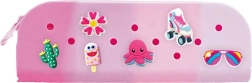 Trousse en silicone rose avec badges interchangeables