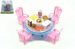 Poppenmeubels – tafel en stoelen met accessoires, kunststof, 12 cm