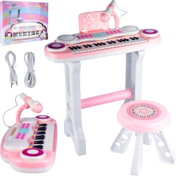 Elektronische kinderpiano met microfoon en krukje, roze, MP3/USB