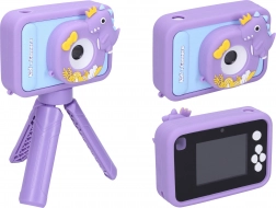 Digitale kindercamera met dinosaurus-siliconen hoes en statief, 48 Mpx, Full HD-video