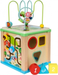 Cube d’activité en bois avec labyrinthe et horloge