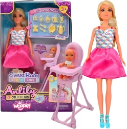 Woopie Royal Puppe Lily mit Baby und Hochstuhl – Zubehörset