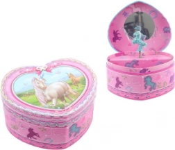 Roze hartvormige muziekjuwelendoos met eenhoorn en ballerina