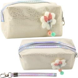 Cosmetic bag with bow and glitter beige