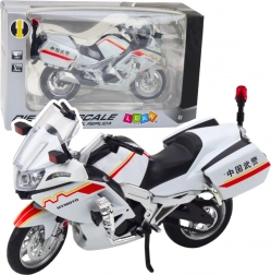 Metalen motorfiets 1:12 met licht en geluid – wit met rood‑gele accenten