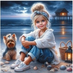 Mosaïque diamant Fille avec un petit chien sur la plage