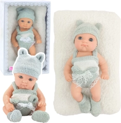 Cloth baby doll with blanket piece, gray-white outfit, cap, 18 cm