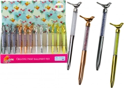 Balpen met vogeltje en glinsterende steentjes, blauwe inkt 0,7 mm