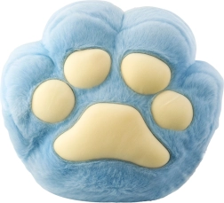 Plush paw-shaped pillow with hand pocket, blue 40 cm