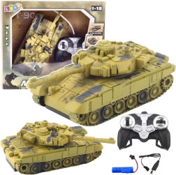 RC-tank T-90 1:18 met draaibare toren, verlichting en geluiden – zandkleurige camouflage