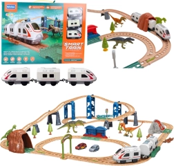 Circuit de train électrique interactif avec tunnel, gare et dinosaures 95 × 85 cm