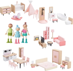 Houten meubelset voor poppenhuis met gezinnetje 5-in-1