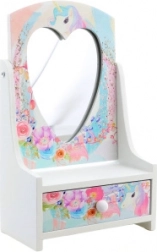 Houten sieradendoos met hartvormige spiegel Eenhoorn