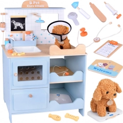 Wooden veterinary clinic for kids with plush dog and accessories