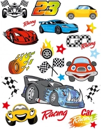 Kleurige opstrijkstickers raceauto’s