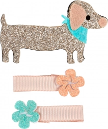 Hair Clips with Flowers and Dachshund - 3 pcs