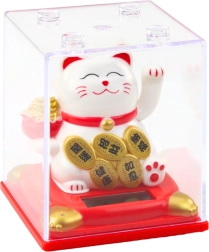 White Solar Lucky Cat Figurine in Showcase