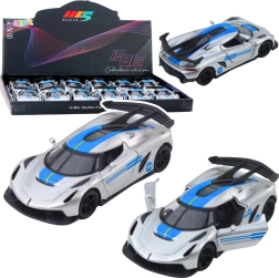 Metalen sportautootje 1:32 met terugtrekmotor en openslaande deuren – zilver