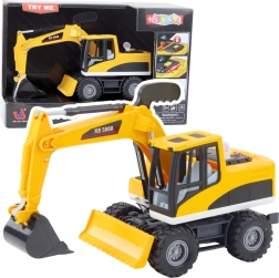 Backhoe-bulldozer with lights and sounds, rotating cab, and movable bucket