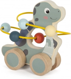 Houten dinosaurus met kralendoolhof op wielen