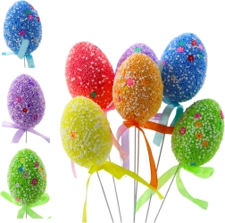 Paaseitjes aan draad kleurrijk met witte patronen en lint 6 stuks