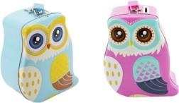 Tin owl-shaped piggy bank with lock, 16 cm, 2 colors