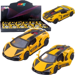 Metalen raceautootje 1:32 met pull-back aandrijving en openslaande deuren – geel