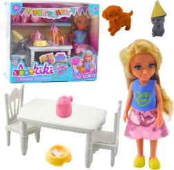 Coffret d’anniversaire avec poupée, chiot et chaton – table et accessoires pour la fête