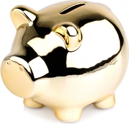 Keramische gouden spaarpot in de vorm van een varkentje 11,5 × 9 cm