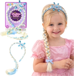 Children's headband with long braid and snowflake, blue rhinestones, 50 cm