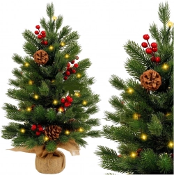 Petit sapin de Noël artificiel de table avec baies rouges et lumières LED 60 × 20 cm