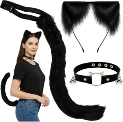 RUHHY Cat/Fox/Wolf Accessories Set – Black 3‑Piece Costume with Tail, Ears, and Choker