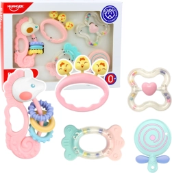 Ensemble de hochets et anneaux de dentition sensoriels pour bébé, rose, 5 pièces