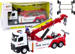 camion de remorquage en métal avec grue à deux crochets, lumières et sons, blanc‑rouge