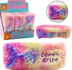 Trousse en peluche avec queue de sirène, rose-violet avec paillettes