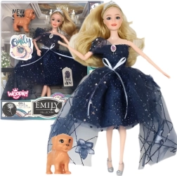 Woopie doll Emi with crown and puppy in black dress