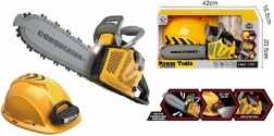 Speelgoedkettingzaag met helm en zaklamp voor kleine houthakkers