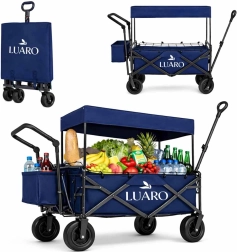 Chariot de plage et de randonnée pliant avec auvent LUARO, bleu marine