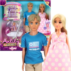 Woopie set familial de marionnettes Lily – maman enceinte, papa, bébé et poussette avec accessoires