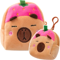 Porte-monnaie en peluche capybara avec fraise rose et clip 9,5 × 8 cm