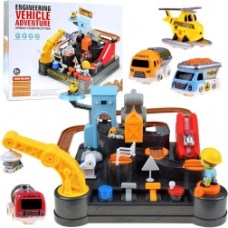 Mechanische bouwbaan met autootjes en helikopter