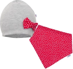 Baby hat and neck scarf NEW BABY Missy, grey‑red