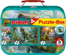 Puzzles pour enfants Dinosaures 4 en 1 dans une valisette en fer-blanc